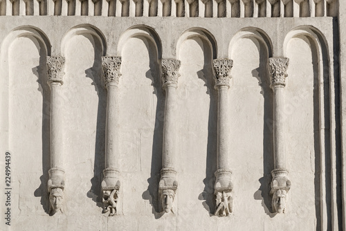 carving on stone/ Russia, Vladimir, Bogolubovo - may 2018:  ancient carving on a white stone on the wall of an Orthodox church of Pokrova na Nerli photo