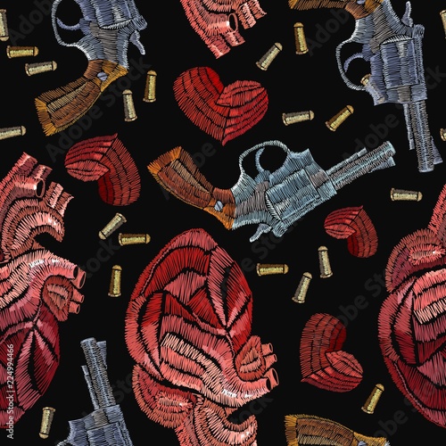 Vintage revolvers and red anatomical hearts template for clothes, textile t-shirt design. Creative fashion embroidery wild West, gangster love background. Embroidery guns and anatomical hearts