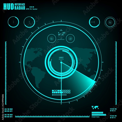 Blue radar screen on black background, HUD interface