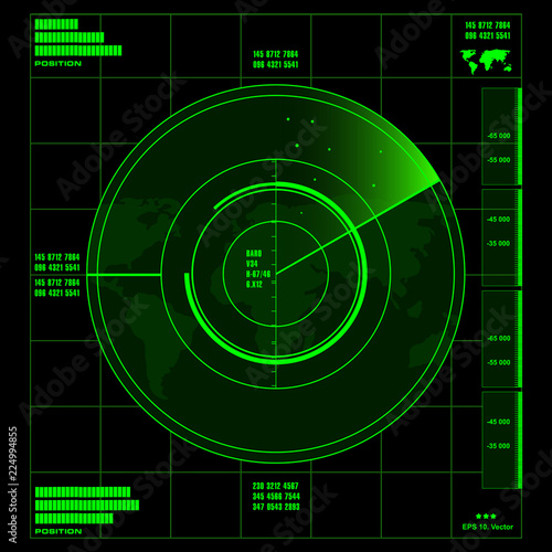 Green radar screen on black background, HUD interface