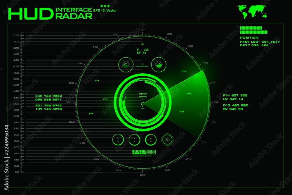 Green radar screen on black background, HUD interface Green radar screen on black background, HUD interface