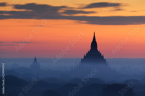 Sunrise at pagoda temples with fog of Bagan, Myanmar