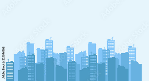 Silhouette of the city. Cityscape background. Urban landscape. For banner or template. Modern city with layers. Flat style vector illustration