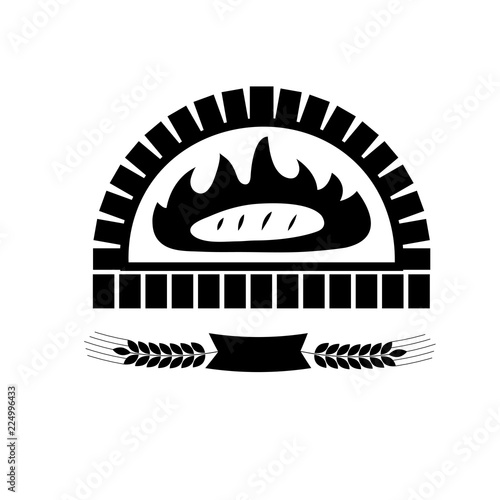 Vector silhouette of baking bread in brick oven. Ribbon banner w