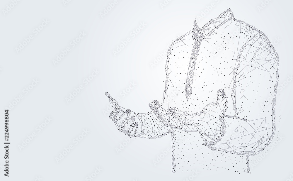 Fototapeta premium Abstract technology line triangle and points businessman low poly hold the phone in hand polygonal future modern wireframe on hi tech future gray background. for template, web design or presentation.