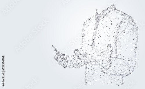 Abstract technology line triangle and points businessman low poly hold the phone in hand polygonal future modern wireframe on hi tech future gray background. for template, web design or presentation.