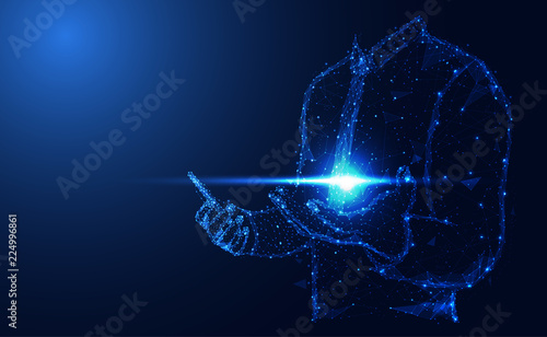 Abstract technology line triangle and points businessman low poly hold the phone in hand polygonal future modern wireframe on hi tech future blue background. for template, web design or presentation.
