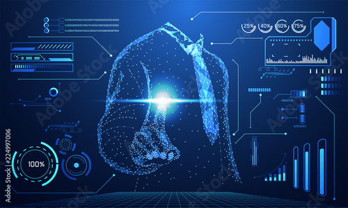 abstract technology concept line triangle and points businessman low poly finger pointing futuristic virtual hologram communication system link business connection on hi tech blue background.Vector