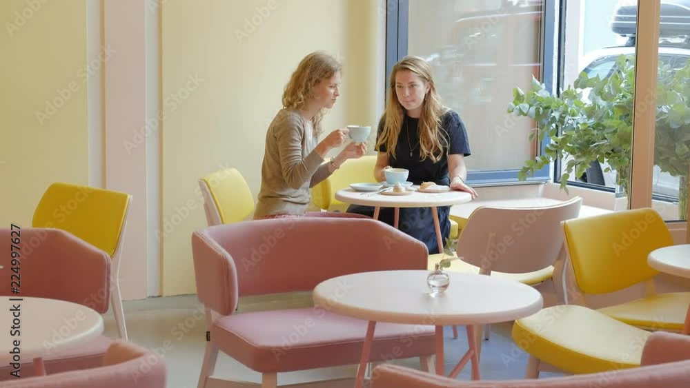 two women sitting in a cafe restaurant eating cakes eclair drinking coffee and laughing two women sitting in a cafe restaurant eating cakes eclair drinking coffee and laughing
