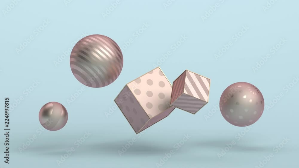 Abstract 3d rendering of flying spheres and cubes in empty space ...
