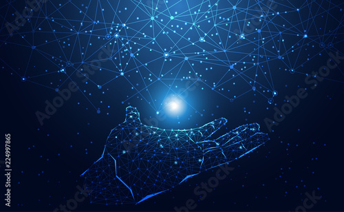 Modern abstract network science connection technology hands graphic design. on hi tech future blue background network. for template,web design wallpaper,poster,presentation.Vector illustration