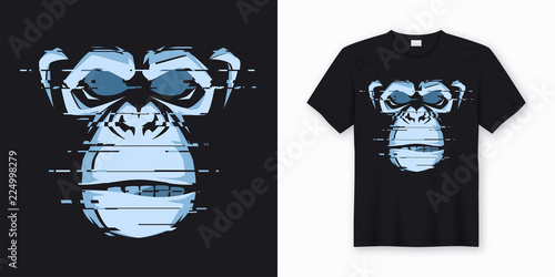 Vector t-shirt and apparel design with glitchy head of a chimp