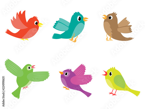 Vector set of various colored cartoon birds