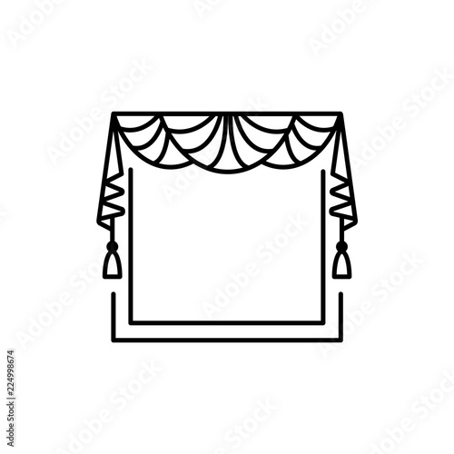 Vector illustration of fabric valance with drapery. Line icon of window pelmet with 3 fans and tassels. Isolated on white background