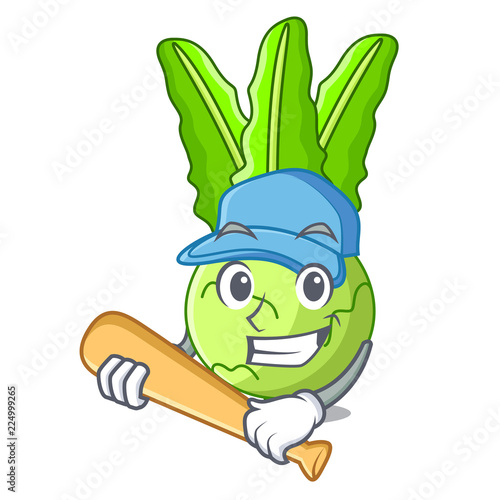 Playing baseball cartoon green kohlrabi in the market