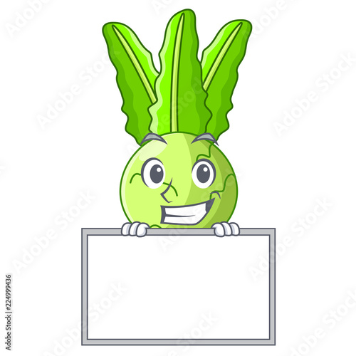 Grinning with board cartoon green kohlrabi in the market