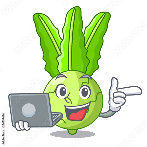 With laptop cartoon green kohlrabi in the market