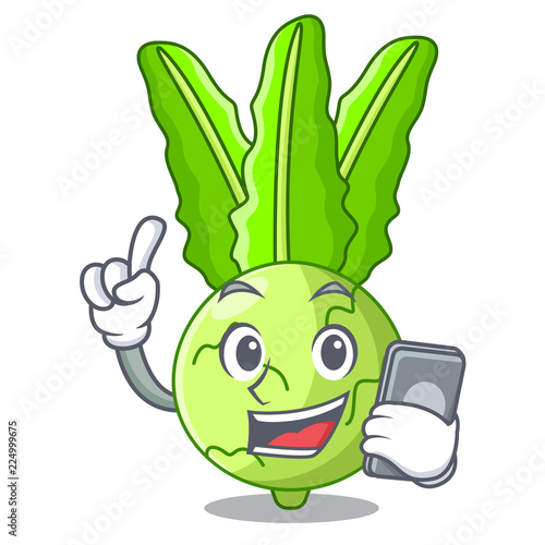 With phone cartoon green kohlrabi in the market