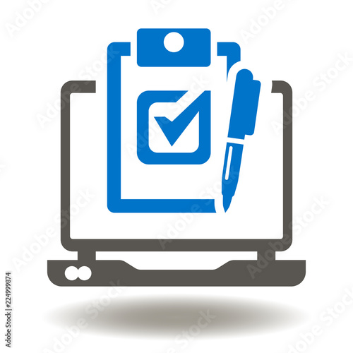 Laptop Check List Pen Icon Vector. Digital mobile computing compliance logo symbol.