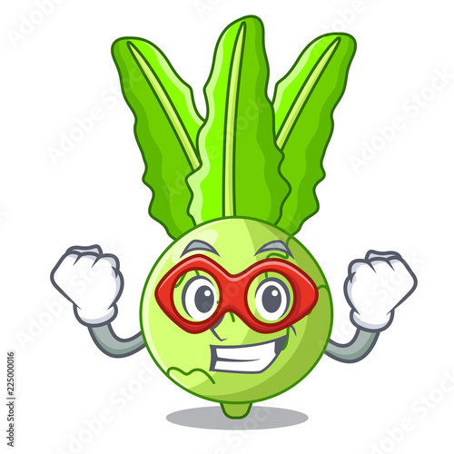 Super hero character kohlrabi on a wooden table