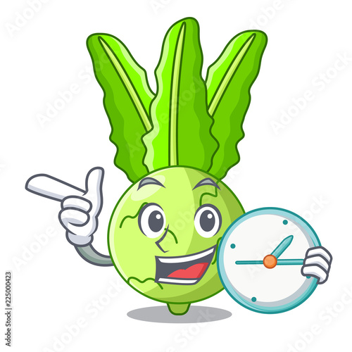 With clock character kohlrabi on a wooden table
