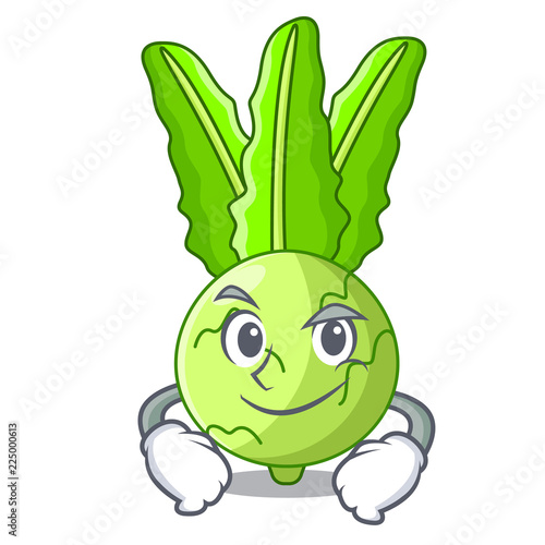 Smirking character kohlrabi on a wooden table