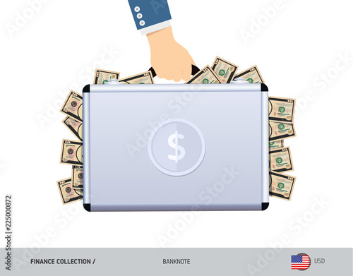 Hand holds a metal case with 10 US Dollar Banknotes. Flat style vector illustration. Salary payout or corruption concept.