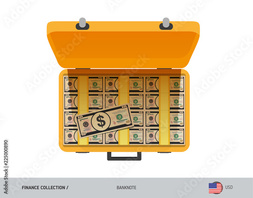 Yellow case with 10 US Dollar Banknotes. Flat style vector illustration. Salary payout or corruption concept.