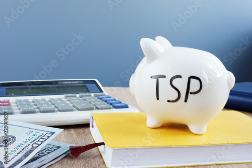 Thrift savings plan TSP written on a piggy bank. photo
