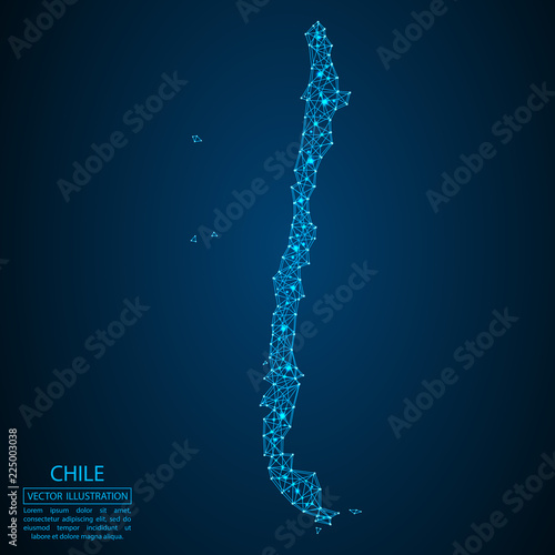 A map of Chile consisting of 3D triangles, lines, points, and connections. Vector illustration of the EPS 10.