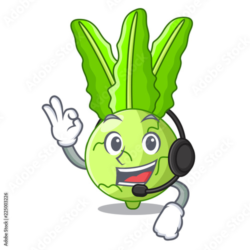 With headphone fresh cabbage kohlrabi on the mascot