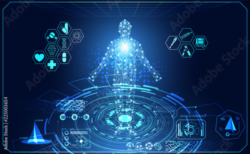 abstract technology ui futuristic concept hud interface hologram elements of digital data chart, communication, computing,human body digital health care ; health future design on hi tech background.