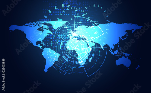 Abstract Big data Communication Technology global digital cryptocurrency Concept Global Blockchain, World information, web internet, money transfer, Bitcoin and Stock Exchange .vector illustration