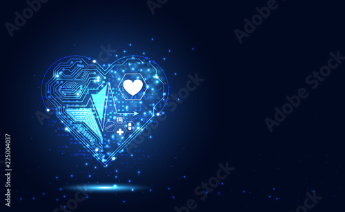 Abstract health science consist heart icon digital technology concept  modern medical technology,Treatment,medicine on hi tech future blue background. for template, web design or presentation.