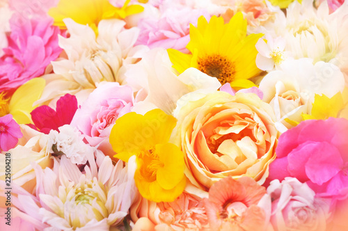 Summer blooming flowers festive background, btight pink bouquet floral card, selective focus photo