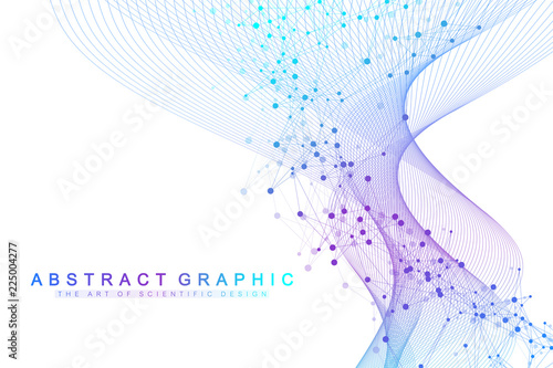 Scientific vector illustration genetic engineering and gene manipulation concept. DNA helix, DNA strand, molecule or atom, neurons. Abstract structure for Science or medical background. Wave flow