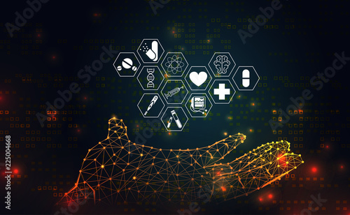 Abstract Science health medical consist Hand wireframe icon health digital technology concept Background futuristic on hi tech future technology background. for template, web design or presentation.
