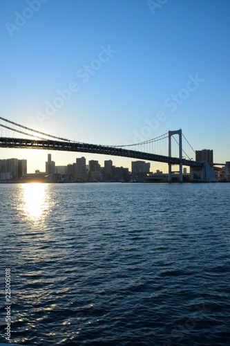 Urban landscape of Tokyo, Japan at sunrise with rainbow bridge