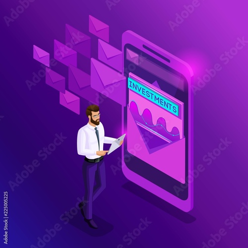 Isometrics businessman checks the mail. Analytics report data on the investment sent by mail to the smartphone. The concept of business correspondence by e-mail