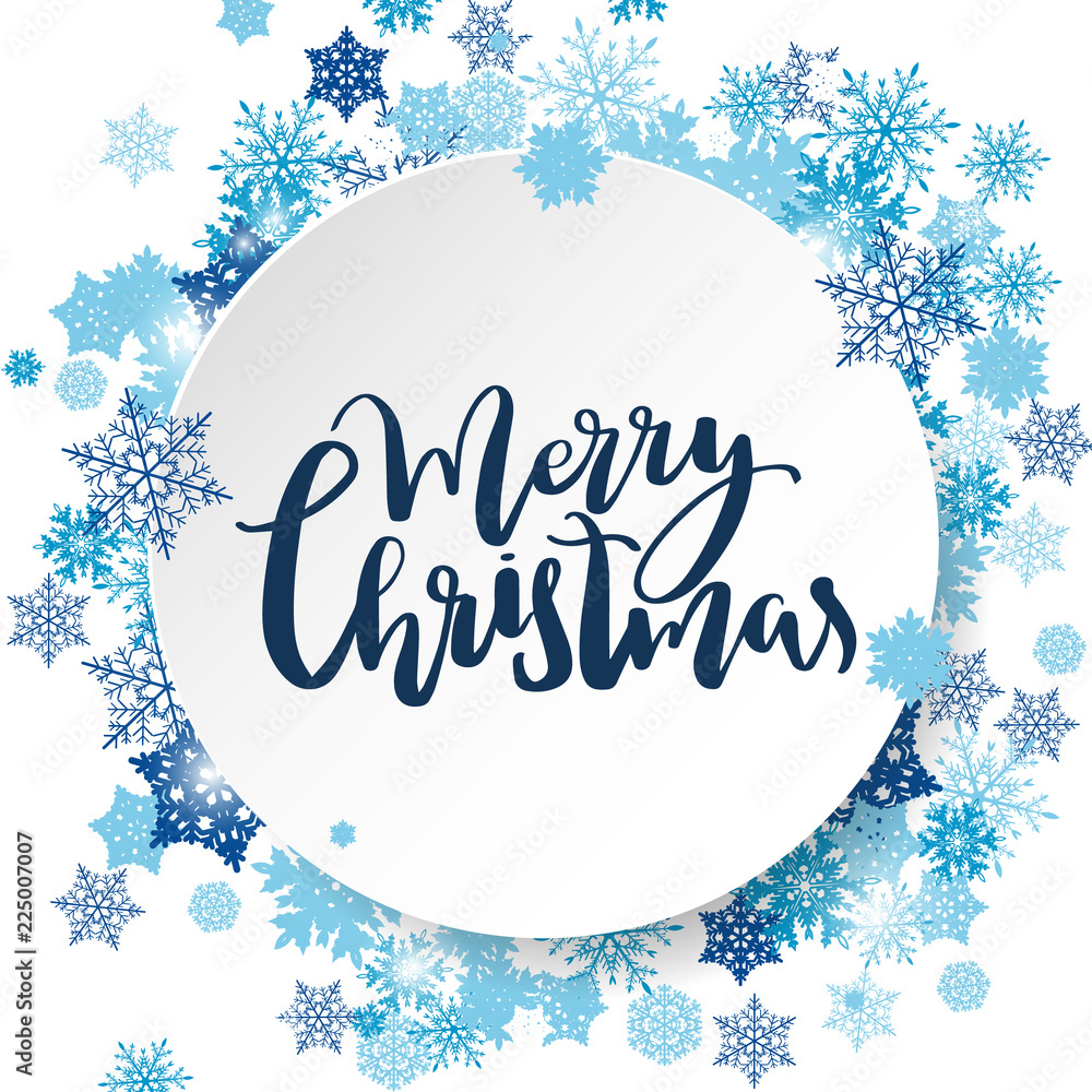 Merry Christmas lettering. White 3d circle with blue snowflakes. Handwritten greeting card. Abstract winter background for card, placard, flyer, poster, banner, web. Vector illustration.