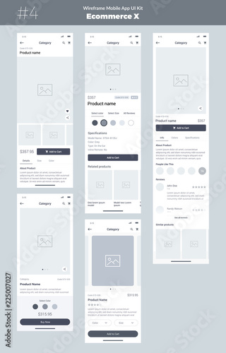 Wireframe kit for mobile phone. Mobile App UI, UX design. New OS Ecommerce Product. Category, Name of product, size, color, prices, details and comments screens. Choose and buy a product.