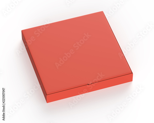 Red cardboard pizza box (300x300x40) isolated on white background.