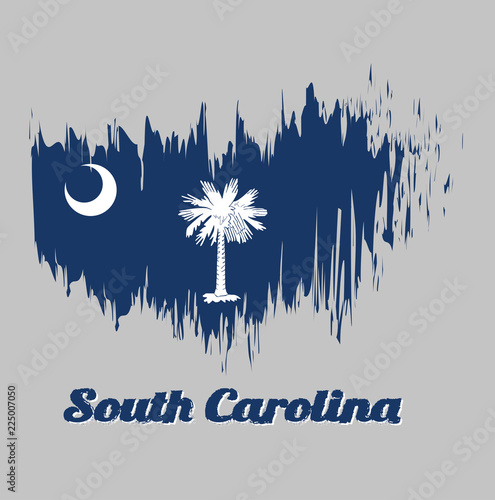 Brush style color flag of South Carolina, White palmetto tree on an indigo field. The canton contains a white crescent. with text South Carolina.