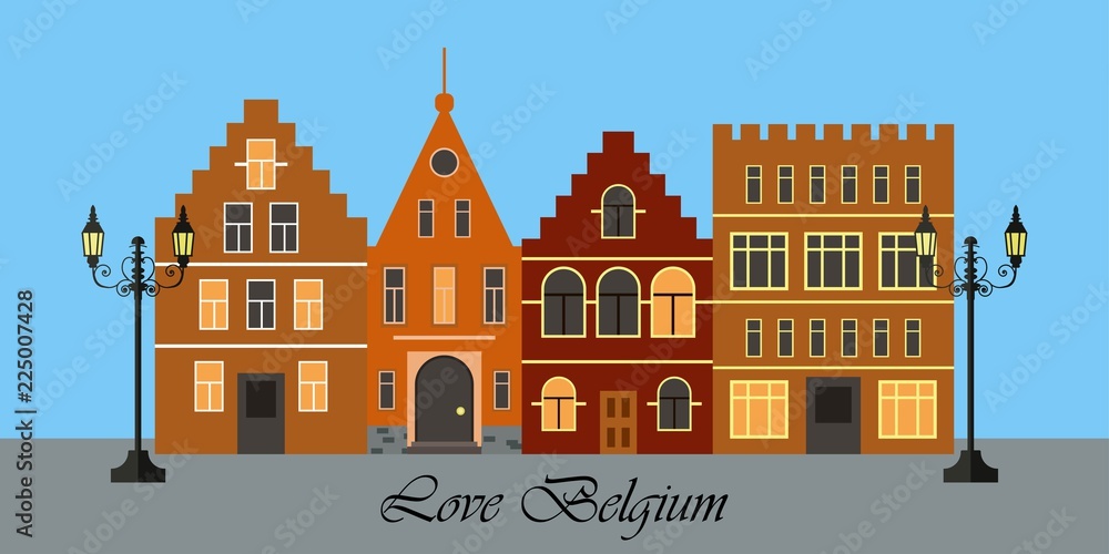 Belgium city landscape with houses, street lamps on blue background.