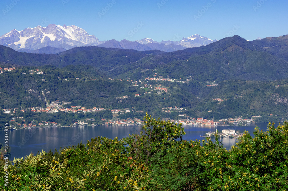 view from Mottarone on Orta Lake and San Giulio Island, Piedmont. Italy