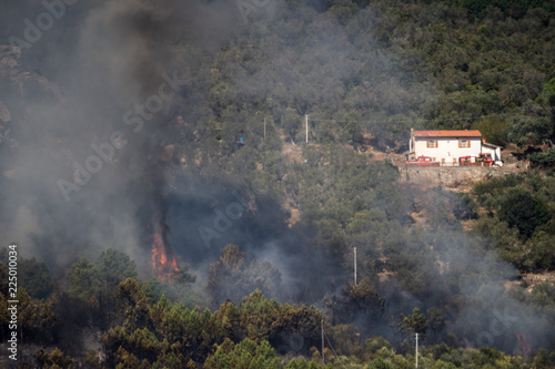 Wildfire close to a house in the mountains