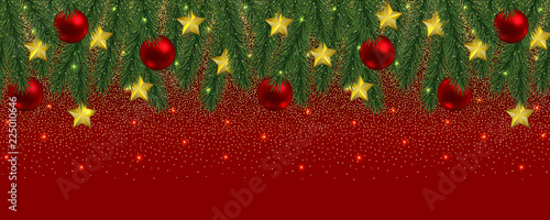 Christmas and New Year Web Banner with Glitter and Fir Tree