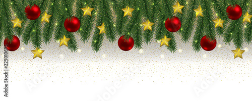 Christmas and New Year Web Banner with Glitter and Fir Tree