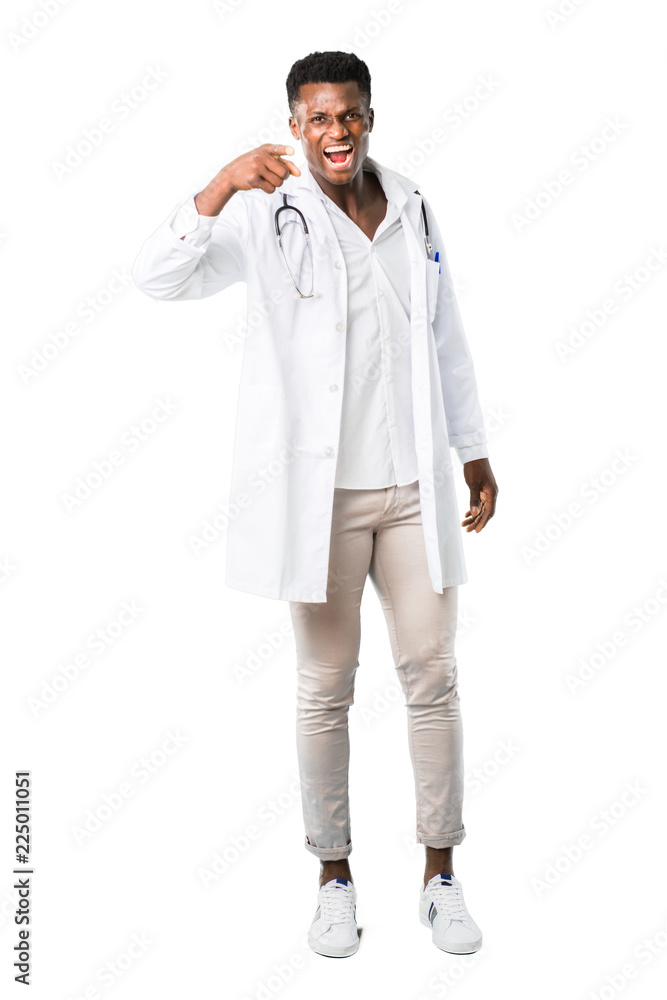 Full body of African american doctor annoyed angry in furious gesture. Frustrated by a bad situation and pointing to the front on white background Full body of African american doctor annoyed angry in furious gesture. Frustrated by a bad situation and pointing to the front on white background