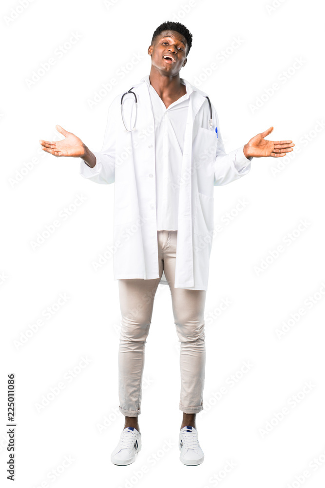 Full body of African american doctor with surprise and shocked facial expression. Mouth open because not expect what has happened on white background Full body of African american doctor with surprise and shocked facial expression. Mouth open because not expect what has happened on white background